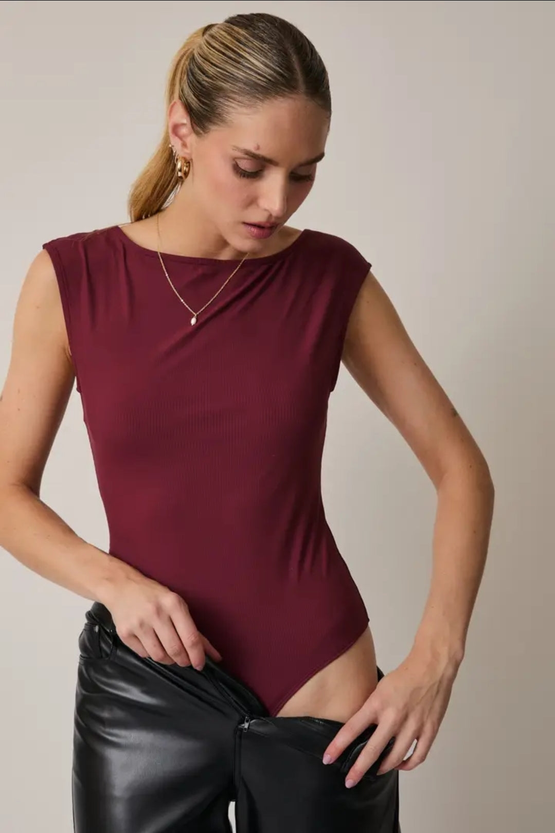 Boat Neck Sleeveless Open Back Bodysuit image 1
