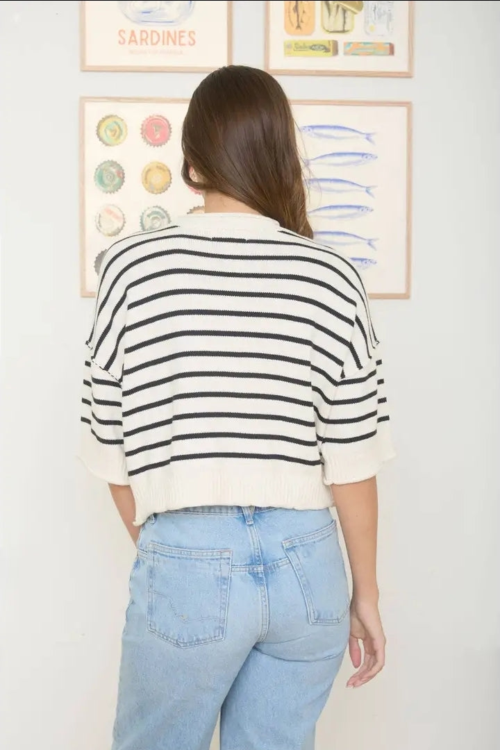Stripe Raw Edge Drop Shoulder Short Sleeve Sweater image 2