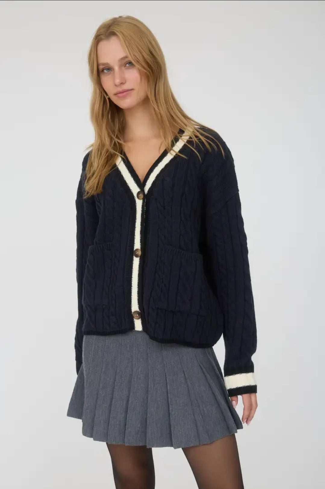 Contrast Stripe Trim Cable Knit Boyfriend Cardigan image 1