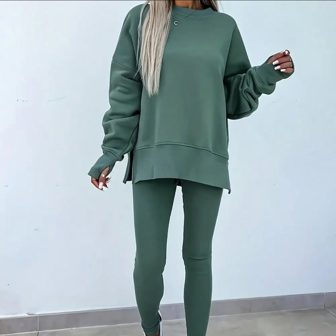 Solid Oversize Slit Sweatshirt with Ribbed Leggings Set image 5