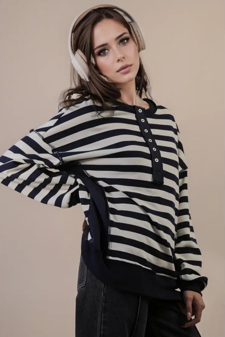 Oversized Striped Half Button Down Casual Knit Top image 2