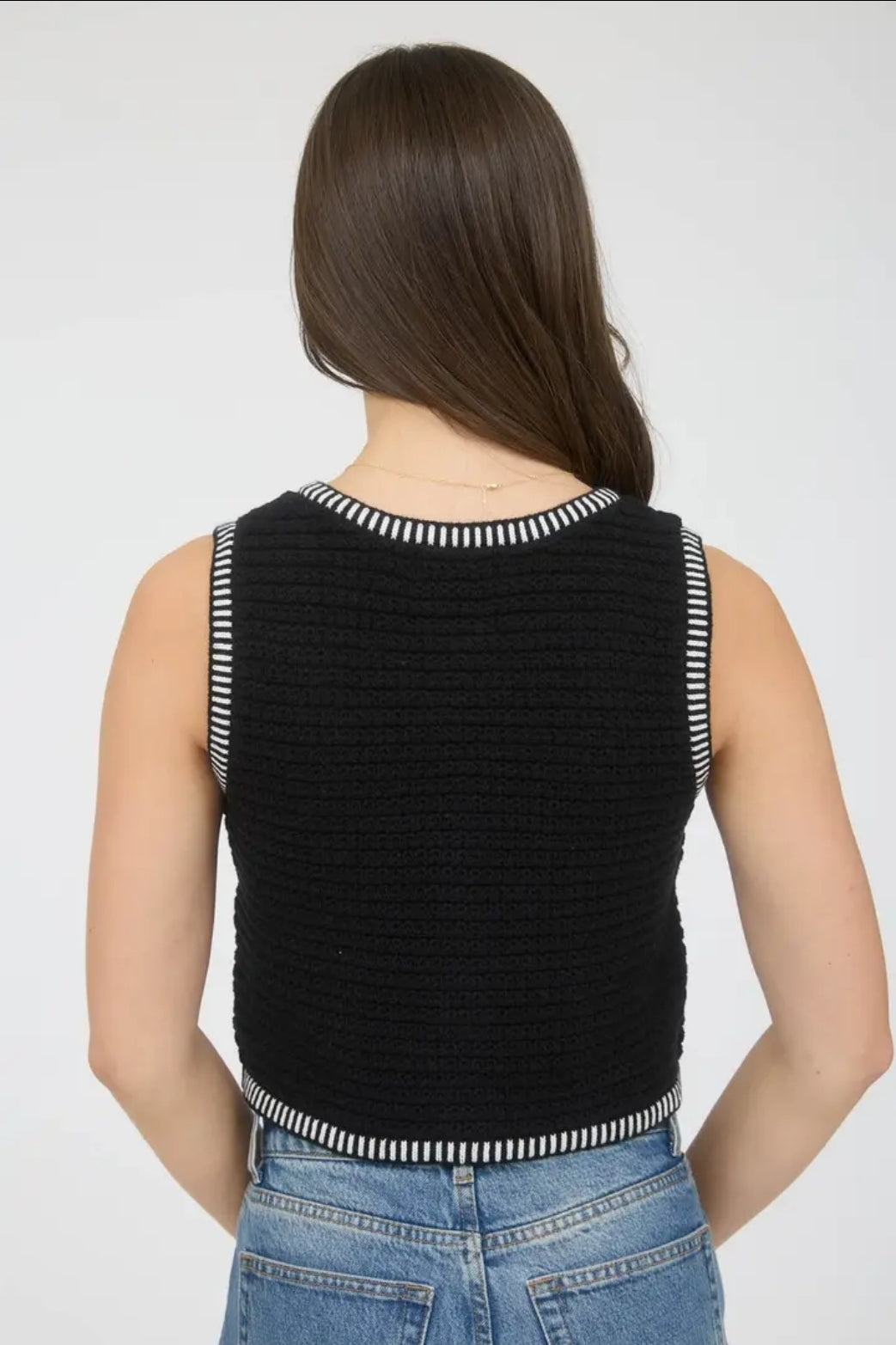 Stripe Trim Gold Button Cropped Sweater Vest image 3