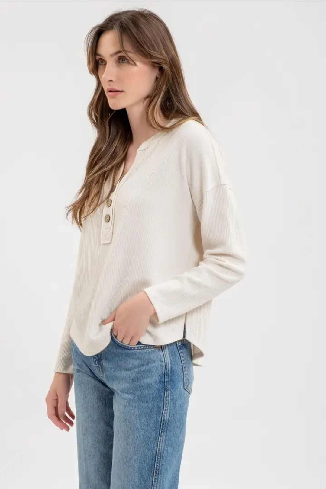 Half Button V Neck Long Sleeve Knit Top image 5