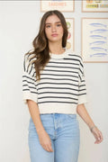 Stripe Raw Edge Drop Shoulder Short Sleeve Sweater image 0
