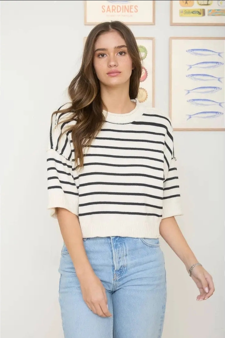 Stripe Raw Edge Drop Shoulder Short Sleeve Sweater image 0
