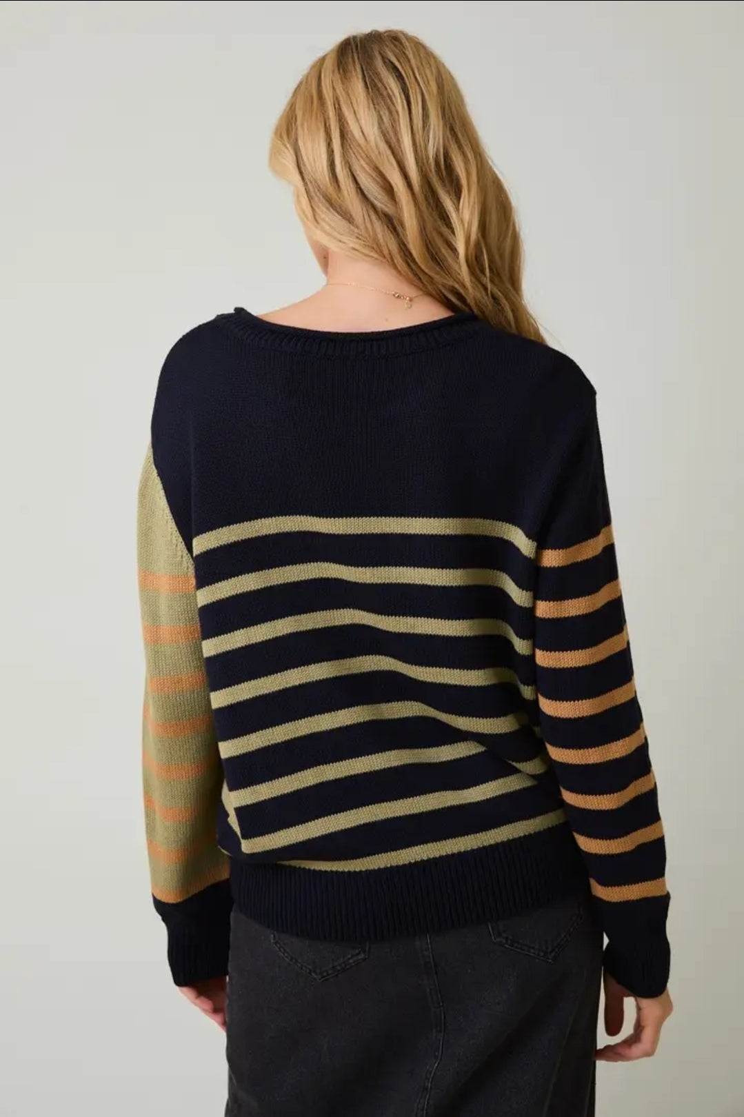 Round Neck Long Sleeve Stripe Light Weight Sweater image 3