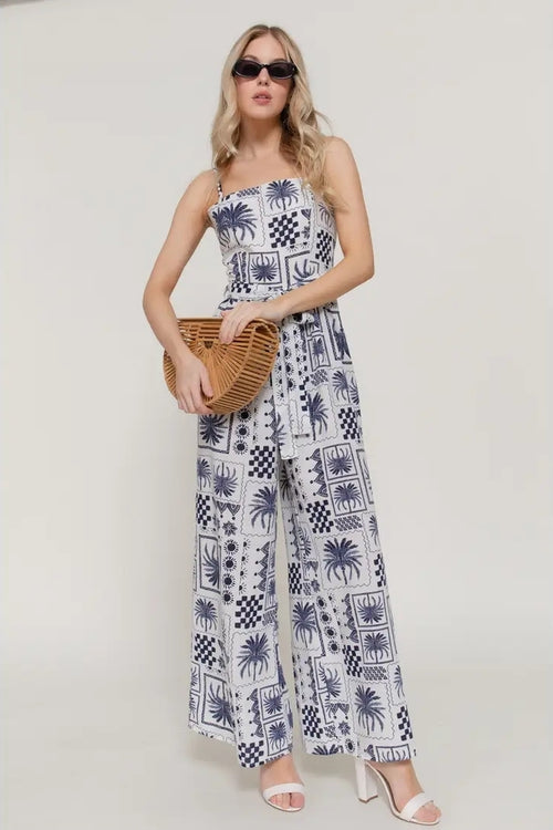 Adjustable Strap Wide Leg Printed Linen Effect Jumpsuit image 1