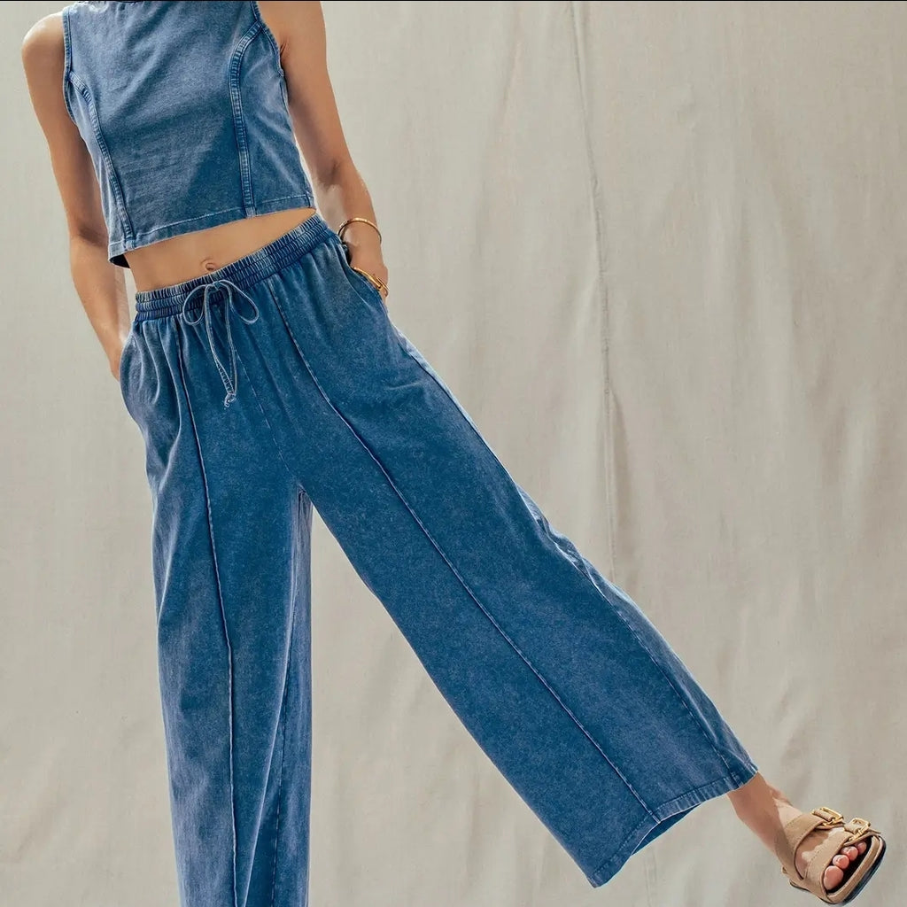 Mineral Wash Cotton Crop Tank & Wide Leg Pant Set image 1
