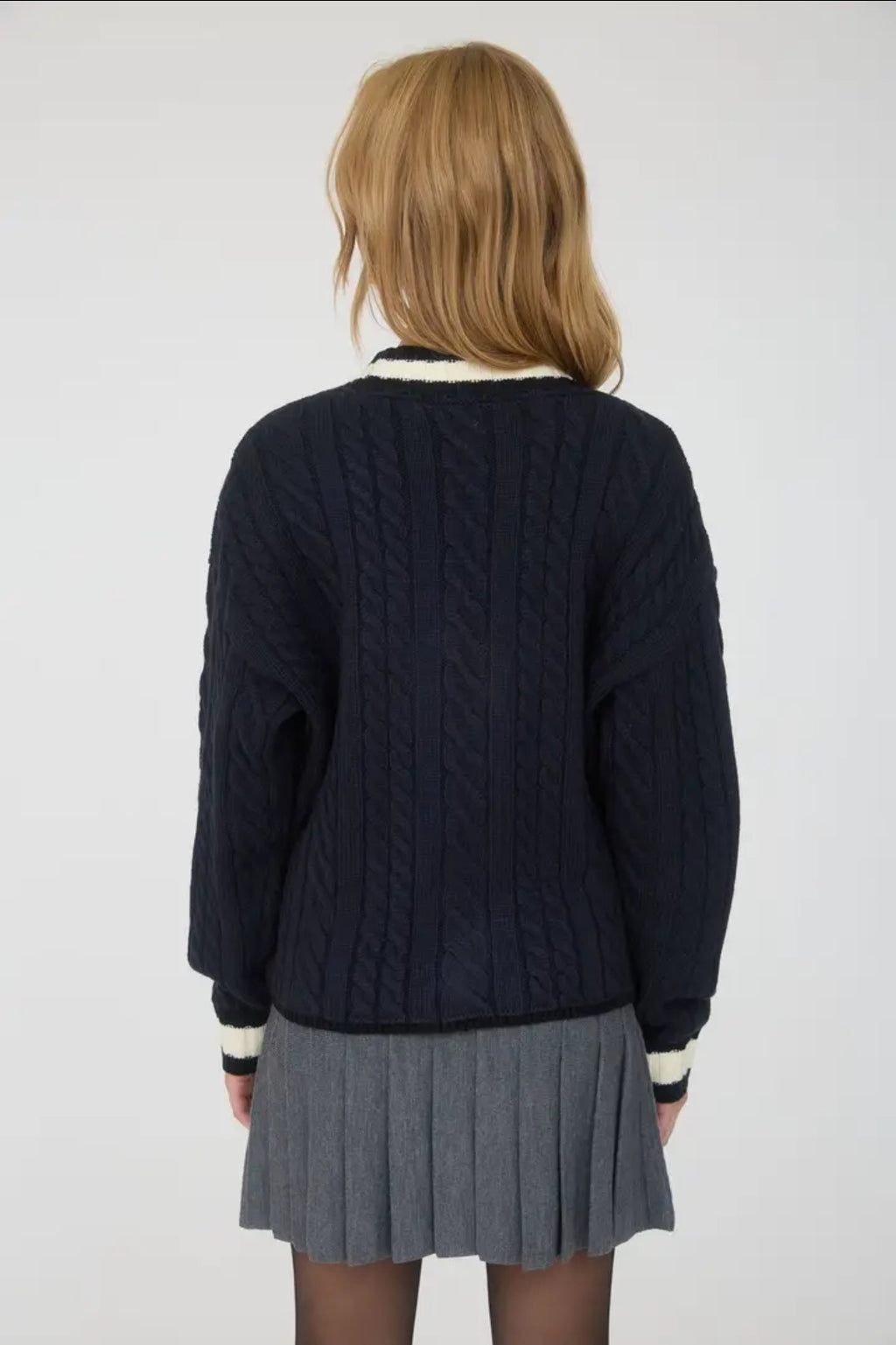 Contrast Stripe Trim Cable Knit Boyfriend Cardigan image 3