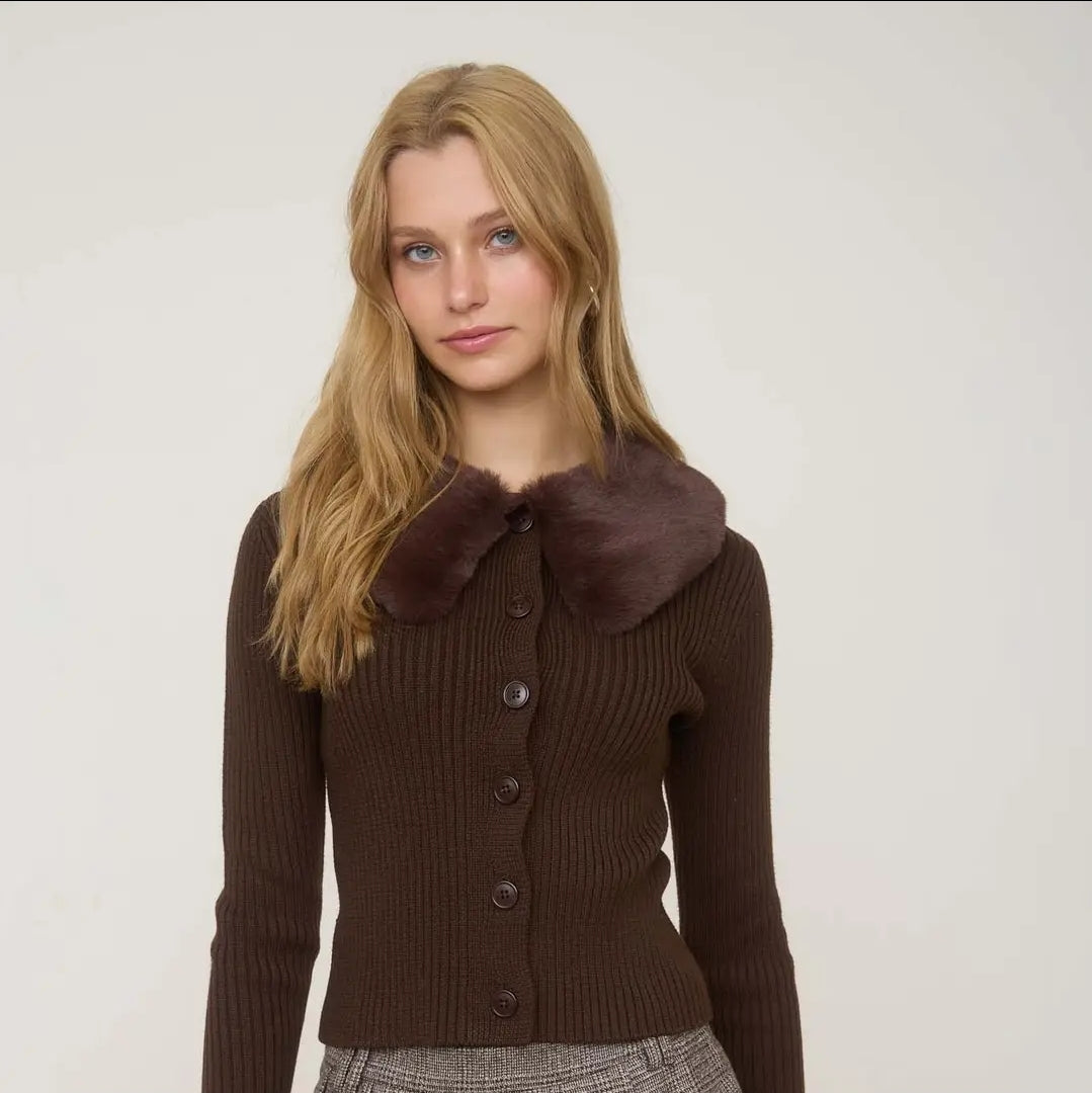 Faux Fur Collar Button Down Sweater Knit Cardigan image 0