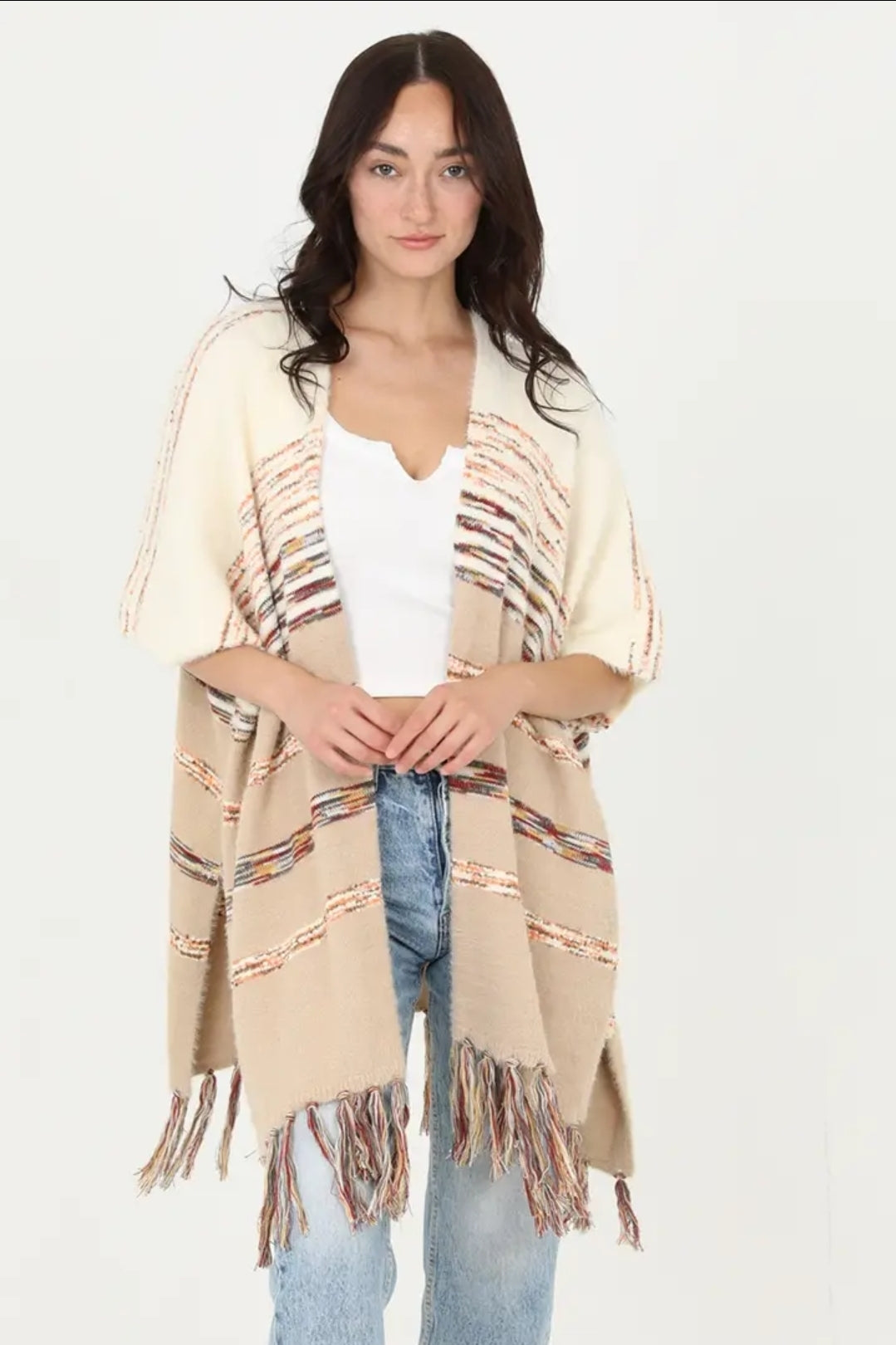 Super soft kimono sleeve sweater poncho with fringe image 1