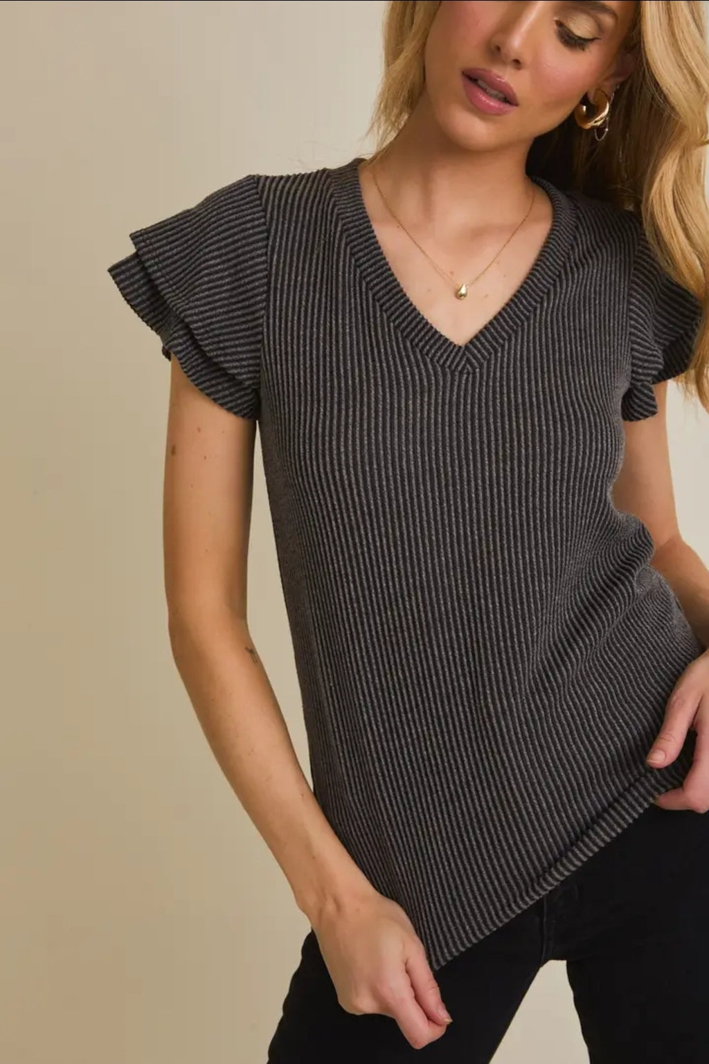 Short Double Layered Sleeve V Neck Top image 3