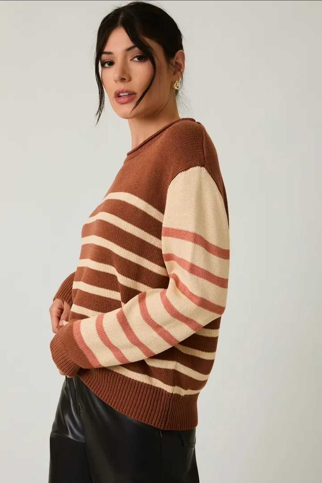 Round Neck Long Sleeve Stripe Light Weight Sweater image 6