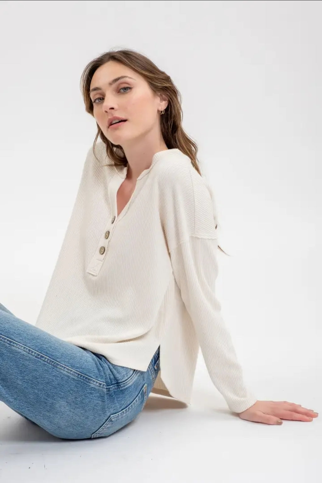 Half Button V Neck Long Sleeve Knit Top image 4