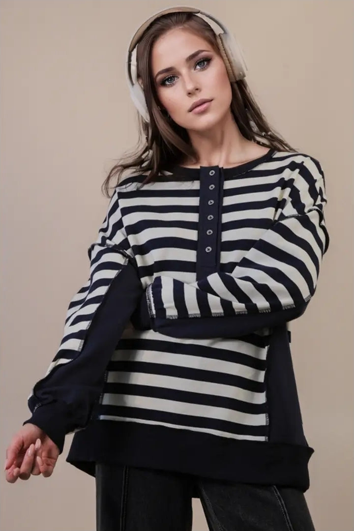 Oversized Striped Half Button Down Casual Knit Top image 0