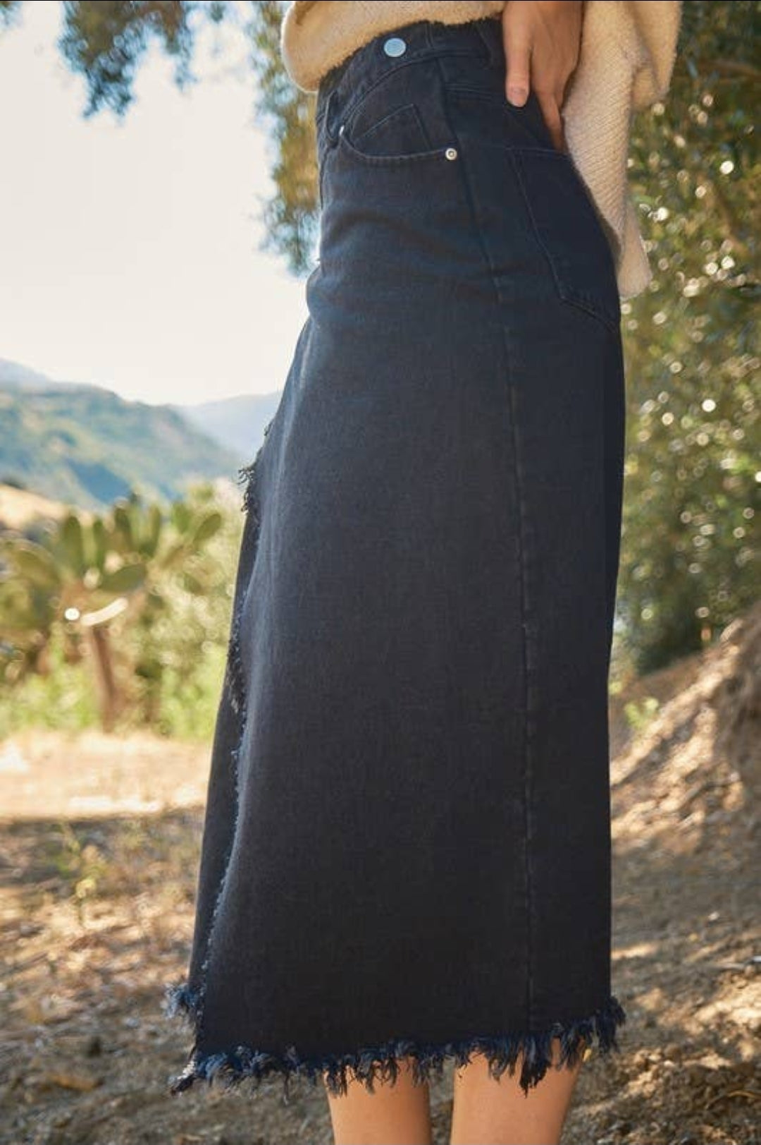 washed crossover waist midi denim skirt image 4