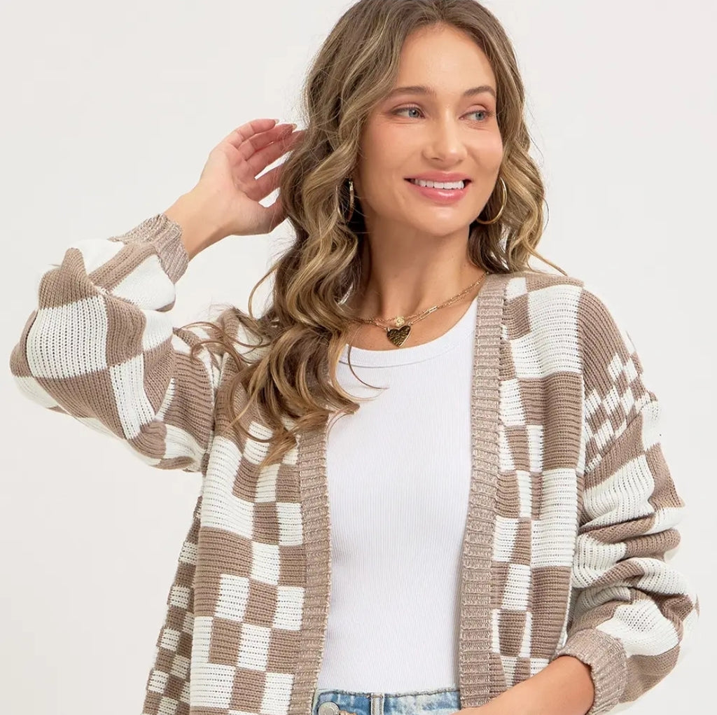 Mixed Checkered Knit Open Front Cardigan image 0