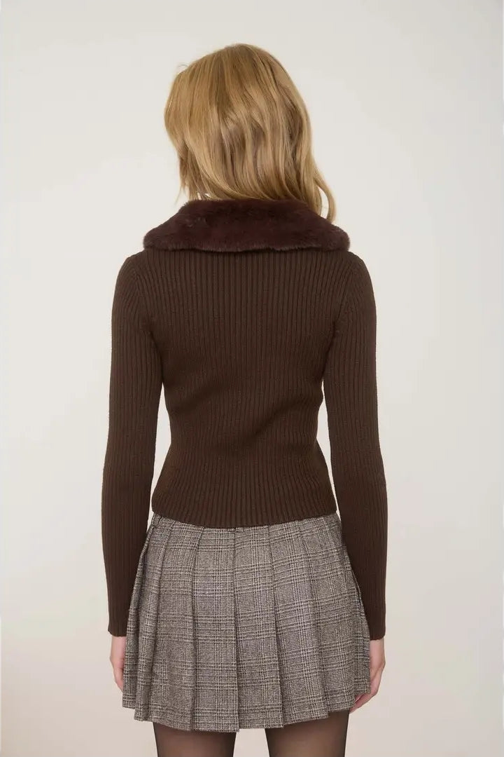Faux Fur Collar Button Down Sweater Knit Cardigan image 2