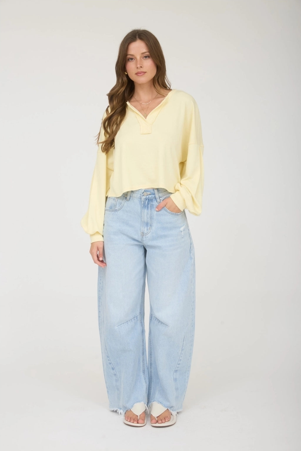 Split Neck Long Sleeve Cropped Knit Top image 3