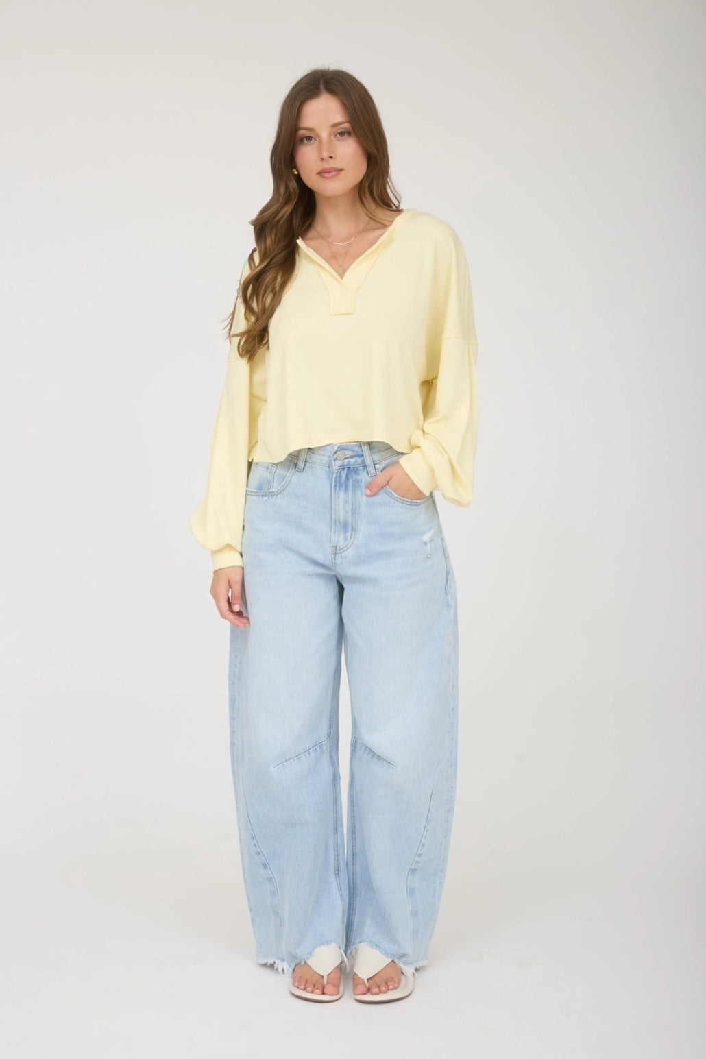 Split Neck Long Sleeve Cropped Knit Top image 3