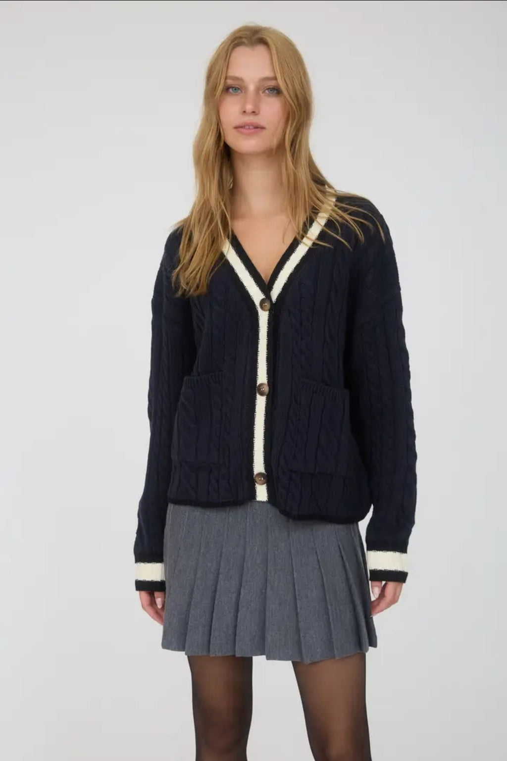Contrast Stripe Trim Cable Knit Boyfriend Cardigan image 2