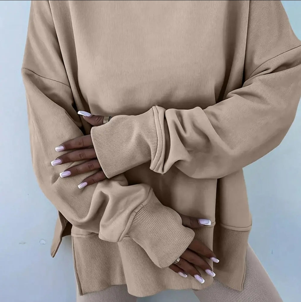 Solid Oversize Slit Sweatshirt with Ribbed Leggings Set image 0