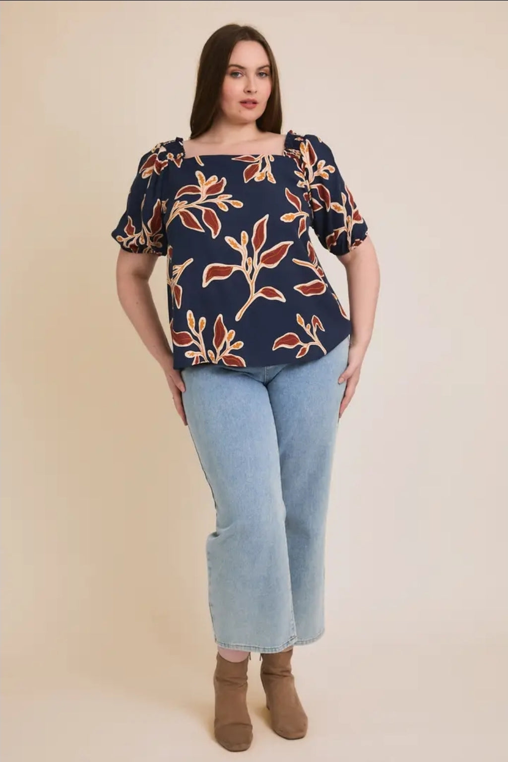 Square Neck Smocked 3/4" Sleeve Floral Print Top image 1
