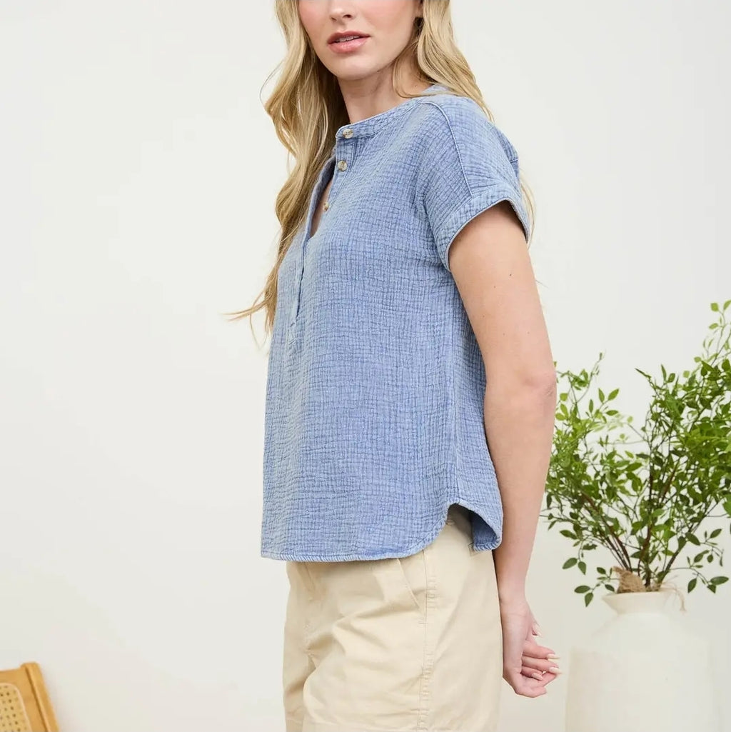 Short Sleeve Henley Chambray Top