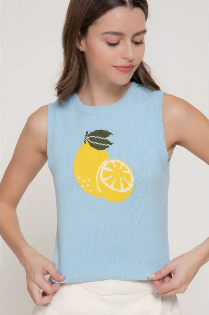 Sleeveless Round Neck Jacquard Lemon Sweater Top