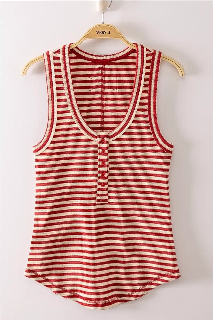 Striped & Solid Button Down Fitted Knit Tank Top