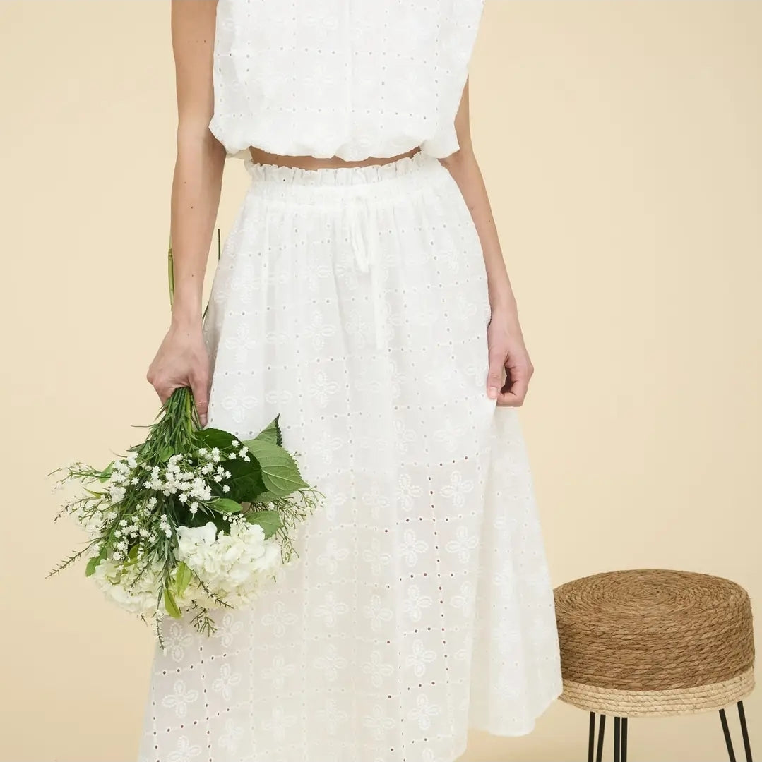 Eyelet Ruffle Detail Midi Skirt