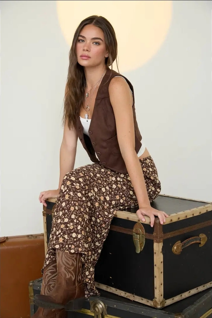 V Neck Button Down Suede Vest