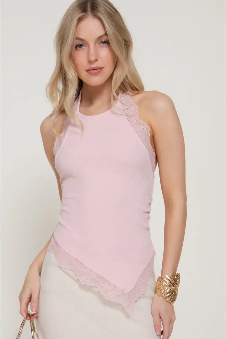 Lace Trim Texture Knit Halter Top
