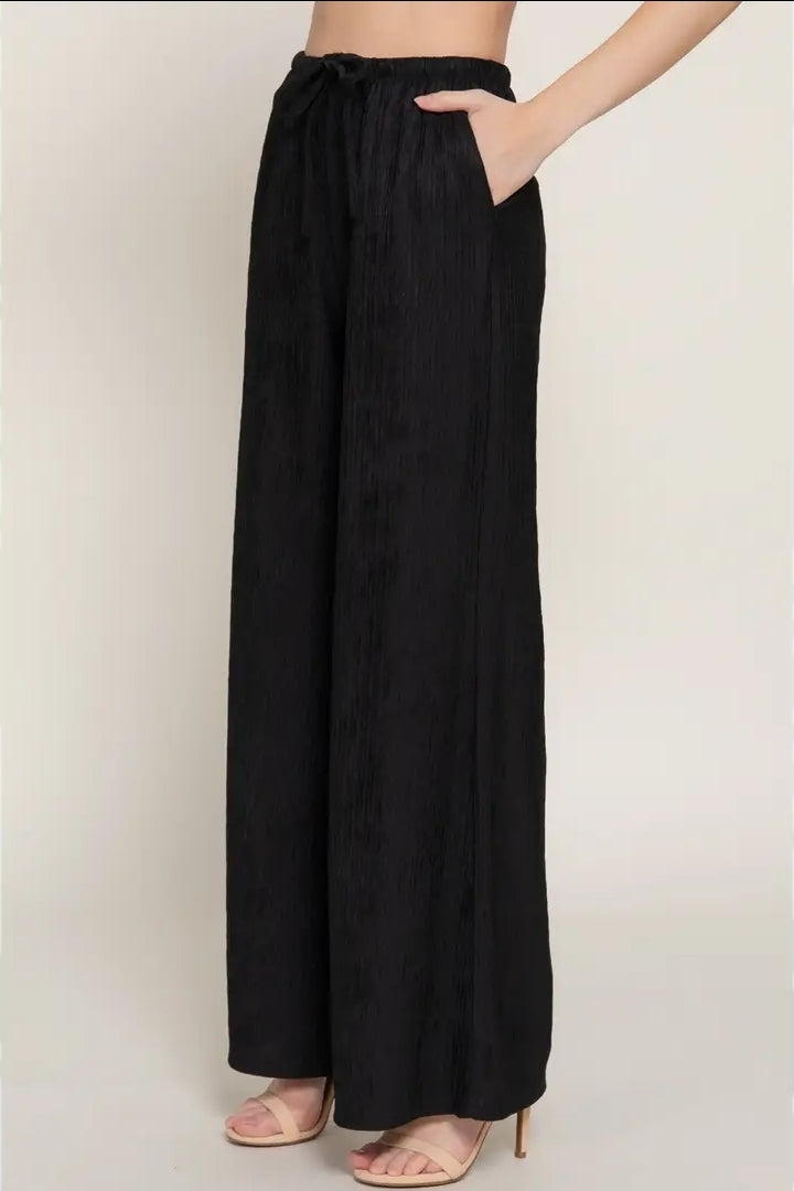 Waistband with String Crinkle Knit Long Pants