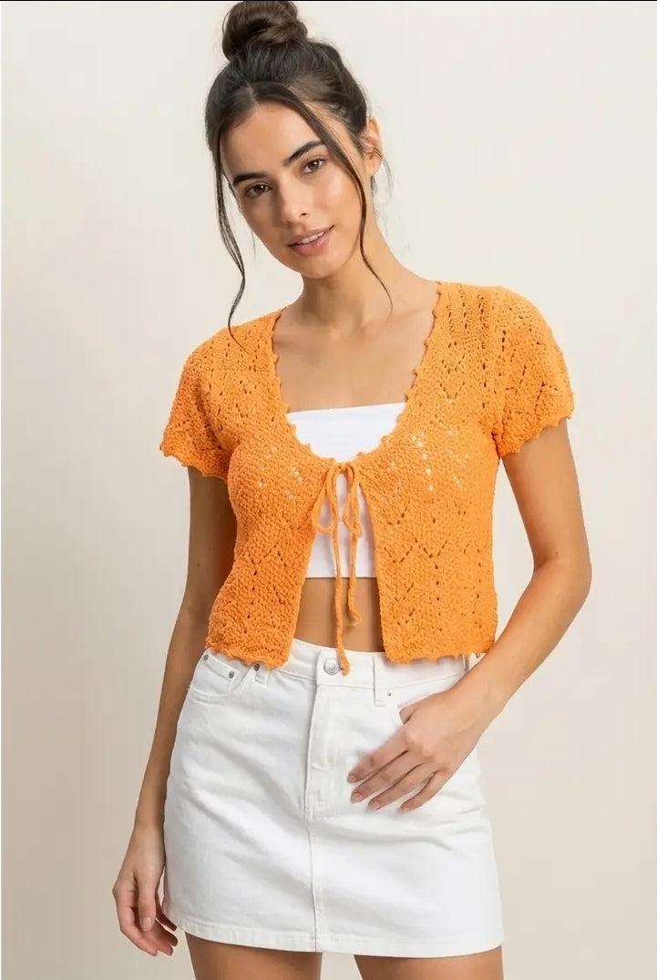 Pointelle Tie Front Knit Cardigan