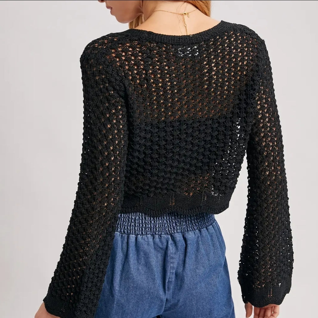 Open Knit Crochet Front-Tie Cropped Cardigan with No Lining