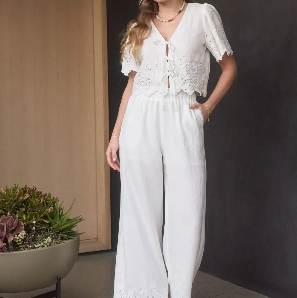 Eyelet Trim Front Tie Blouse and Wide Leg Pant Set