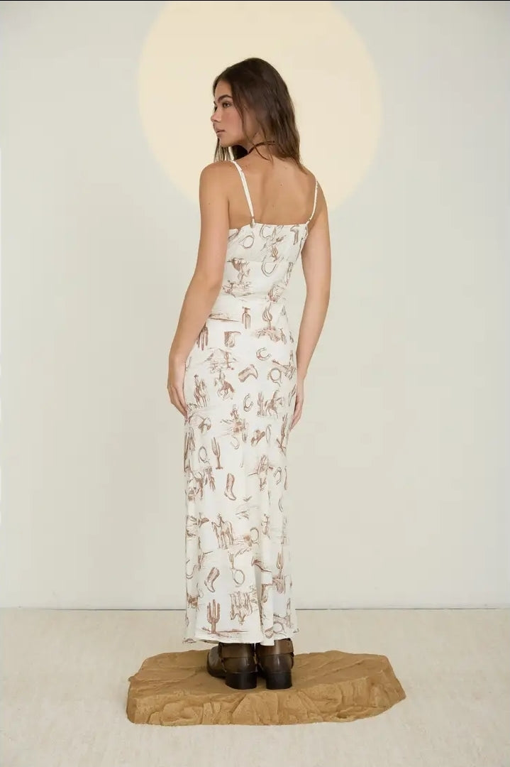 Western Print Spaghetti Strap Front Tie Midi Dress