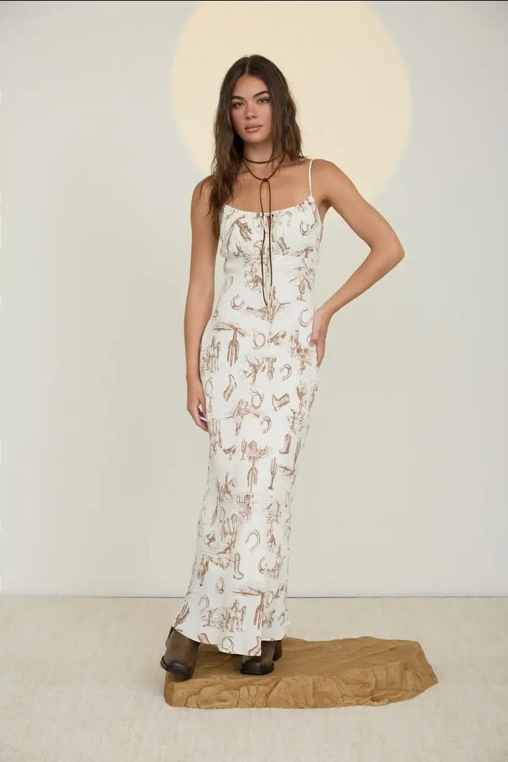 Western Print Spaghetti Strap Front Tie Midi Dress