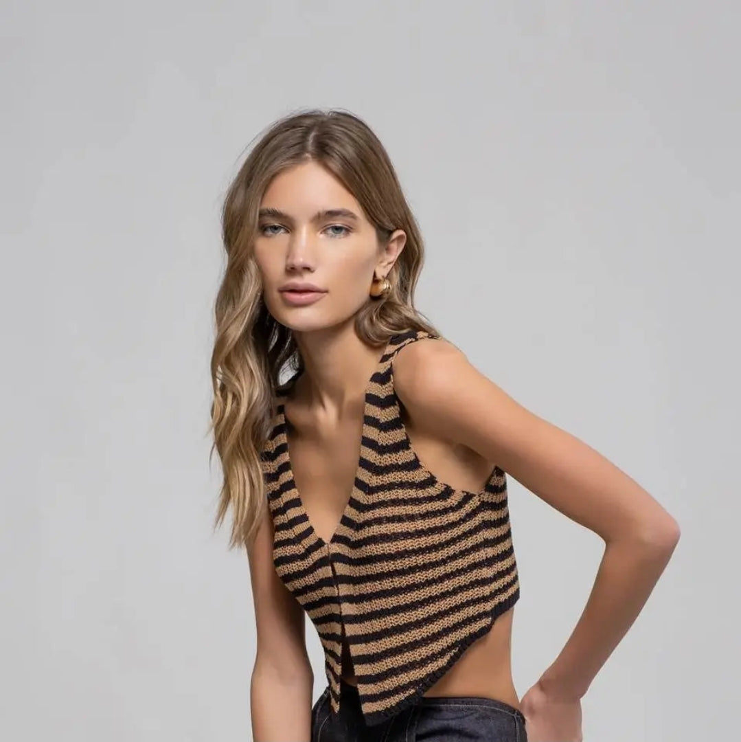 Stripe V Neck Front Hook Sweater Vest
