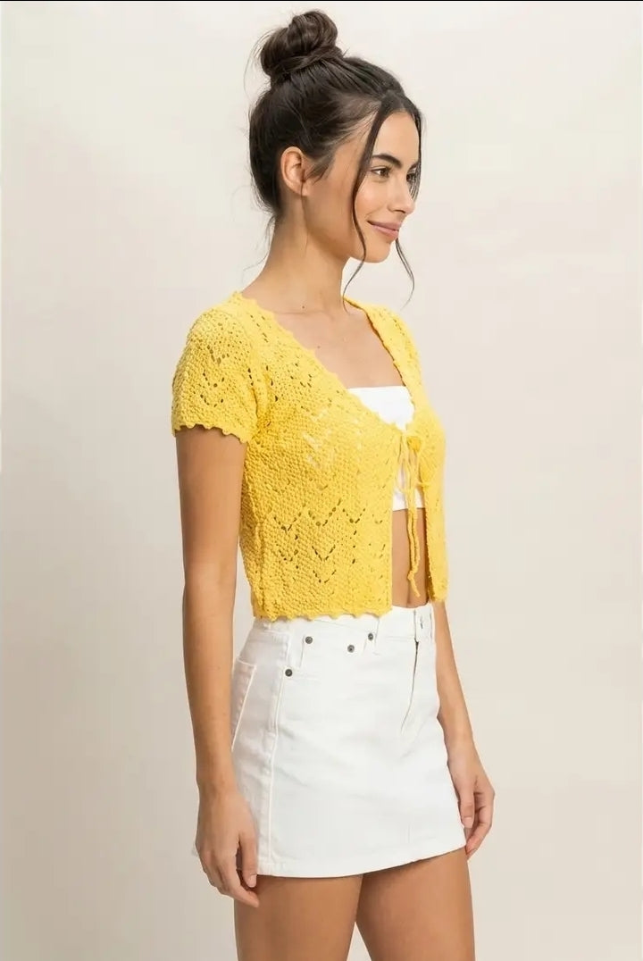 Pointelle Tie Front Knit Cardigan