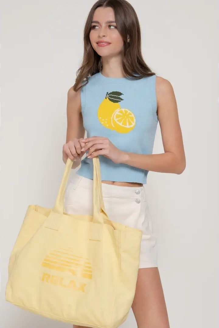 Sleeveless Round Neck Jacquard Lemon Sweater Top