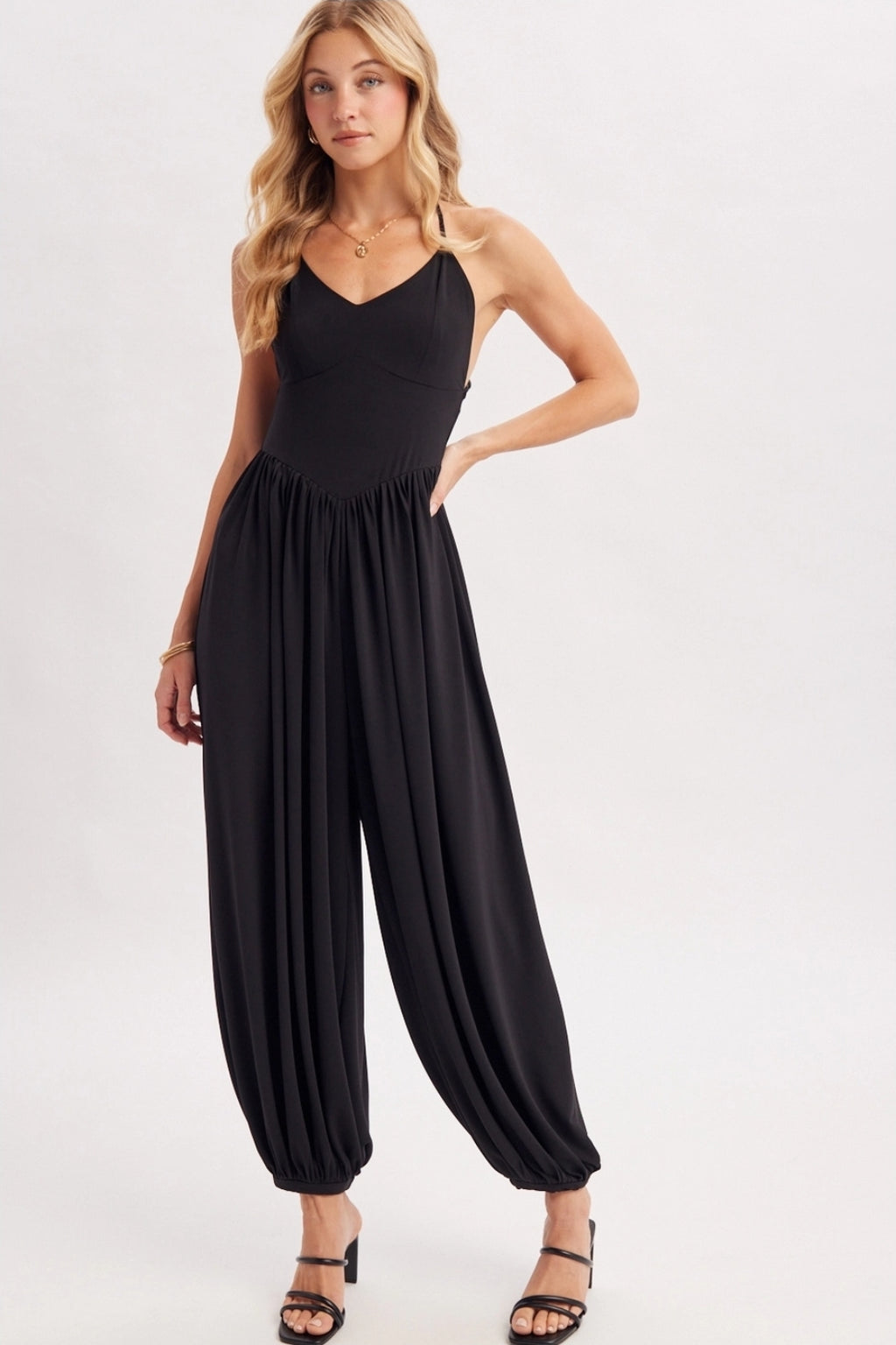 V-Neck Relaxed Flowy Legs Jumpsuit Criss-Cross Open Back