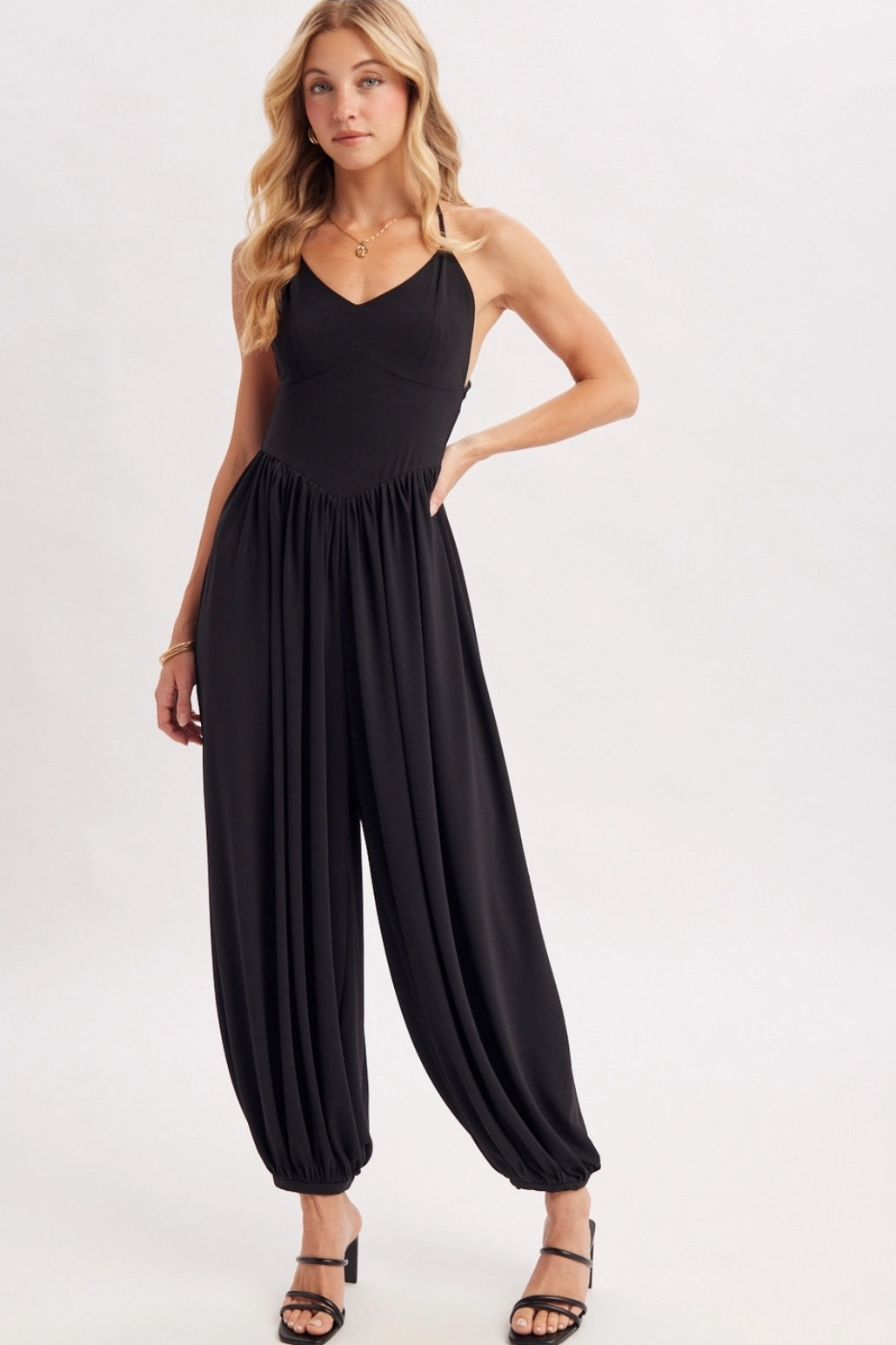 V-Neck Relaxed Flowy Legs Jumpsuit Criss-Cross Open Back