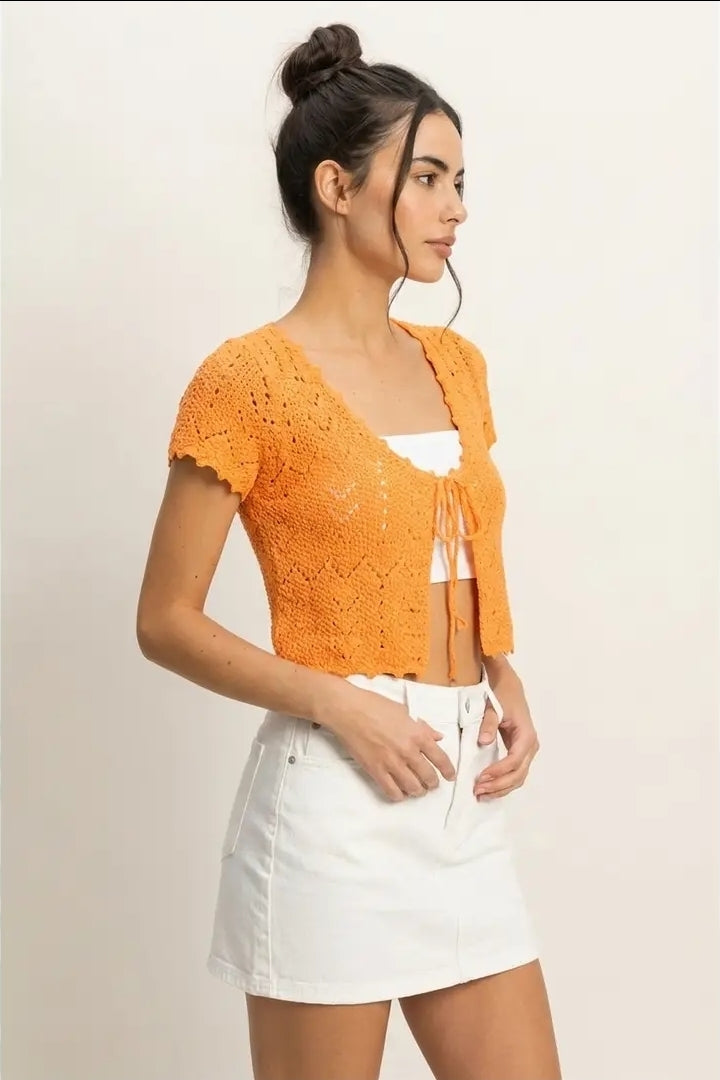 Pointelle Tie Front Knit Cardigan