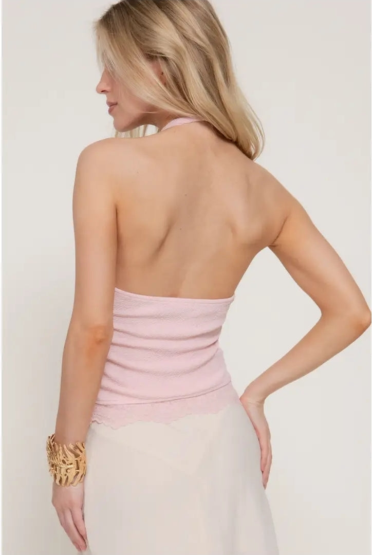 Lace Trim Texture Knit Halter Top