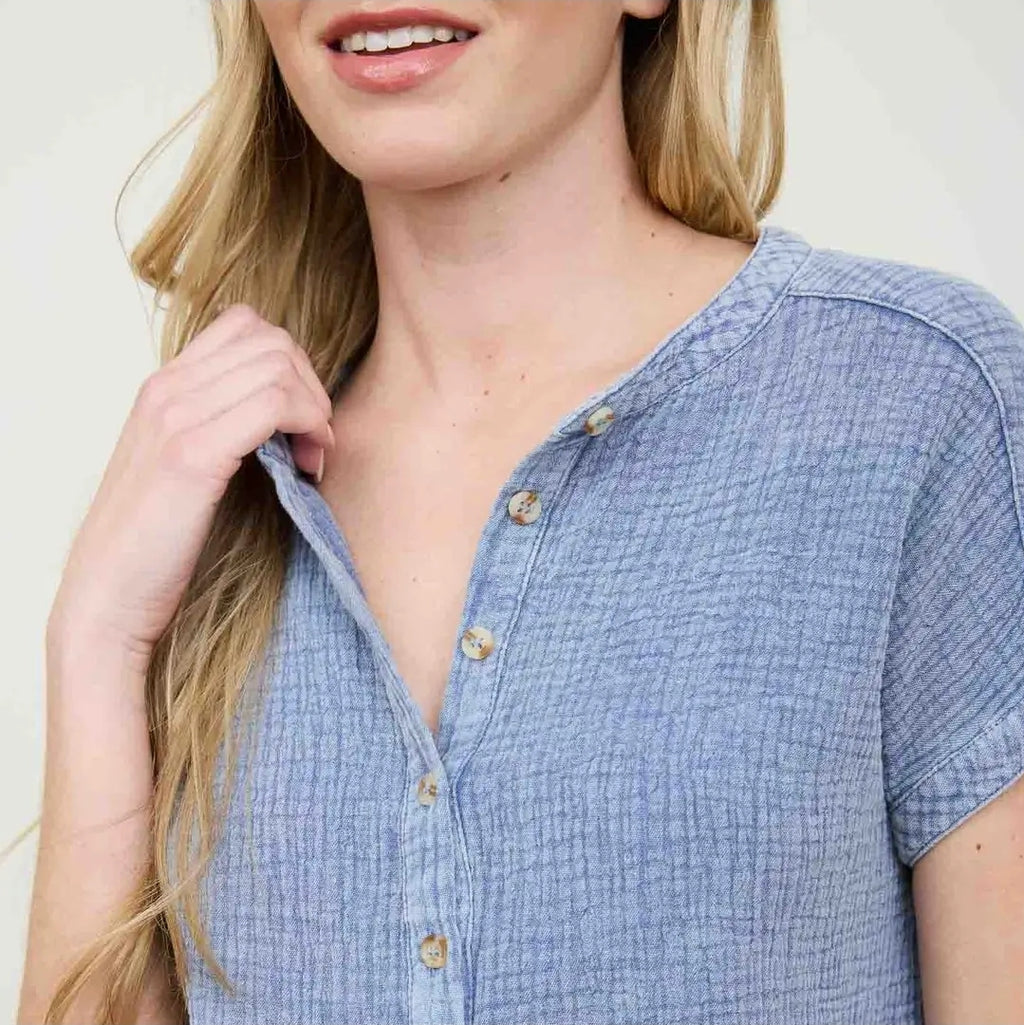 Short Sleeve Henley Chambray Top