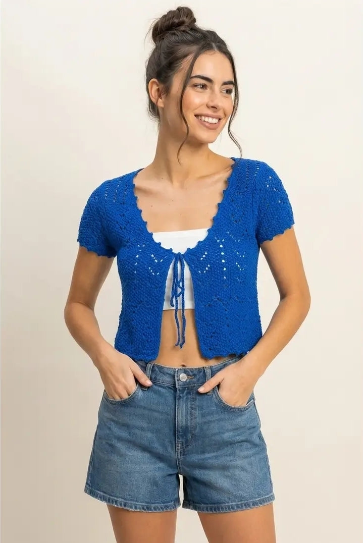 Pointelle Tie Front Knit Cardigan