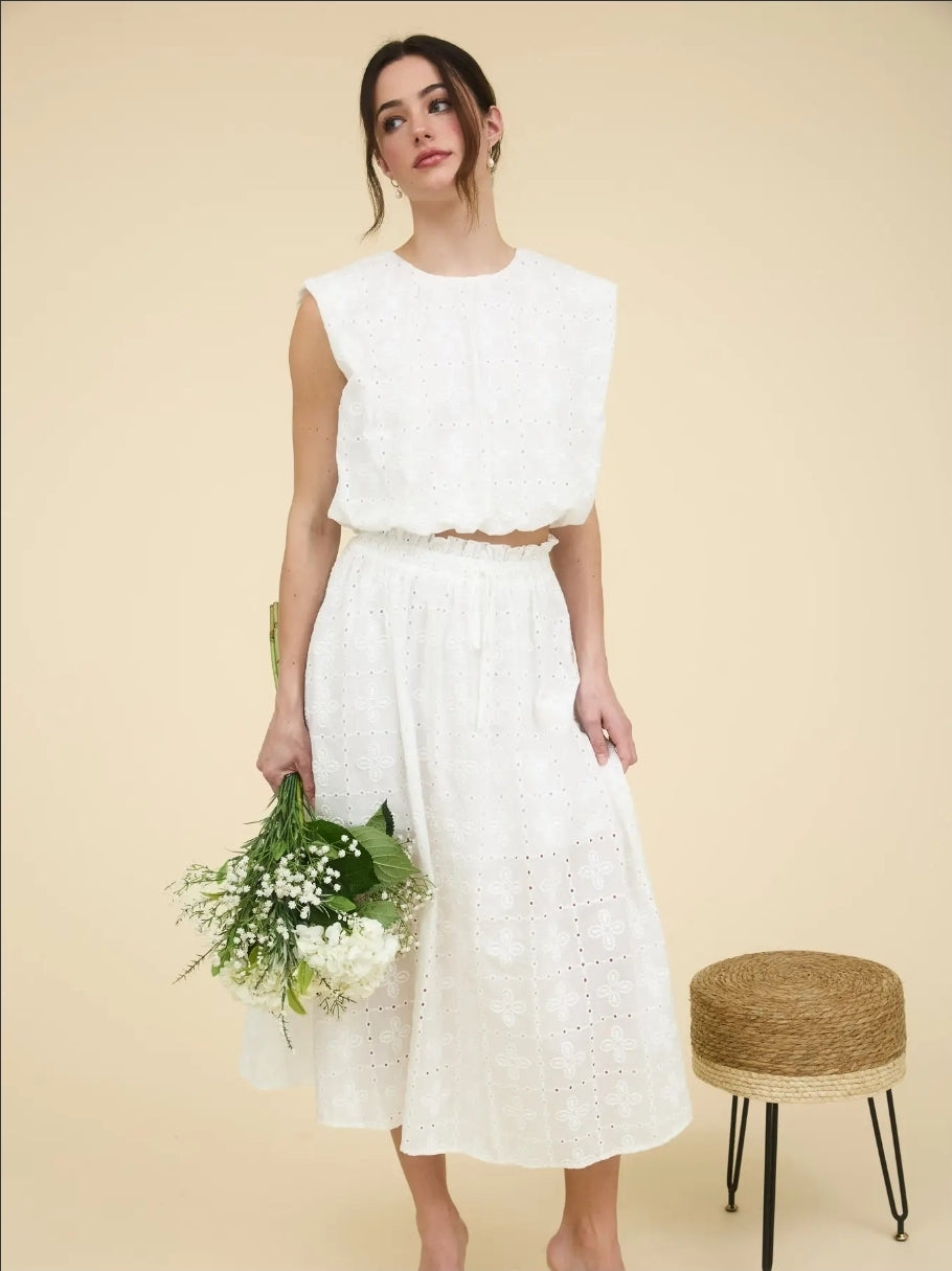 Eyelet Ruffle Detail Midi Skirt
