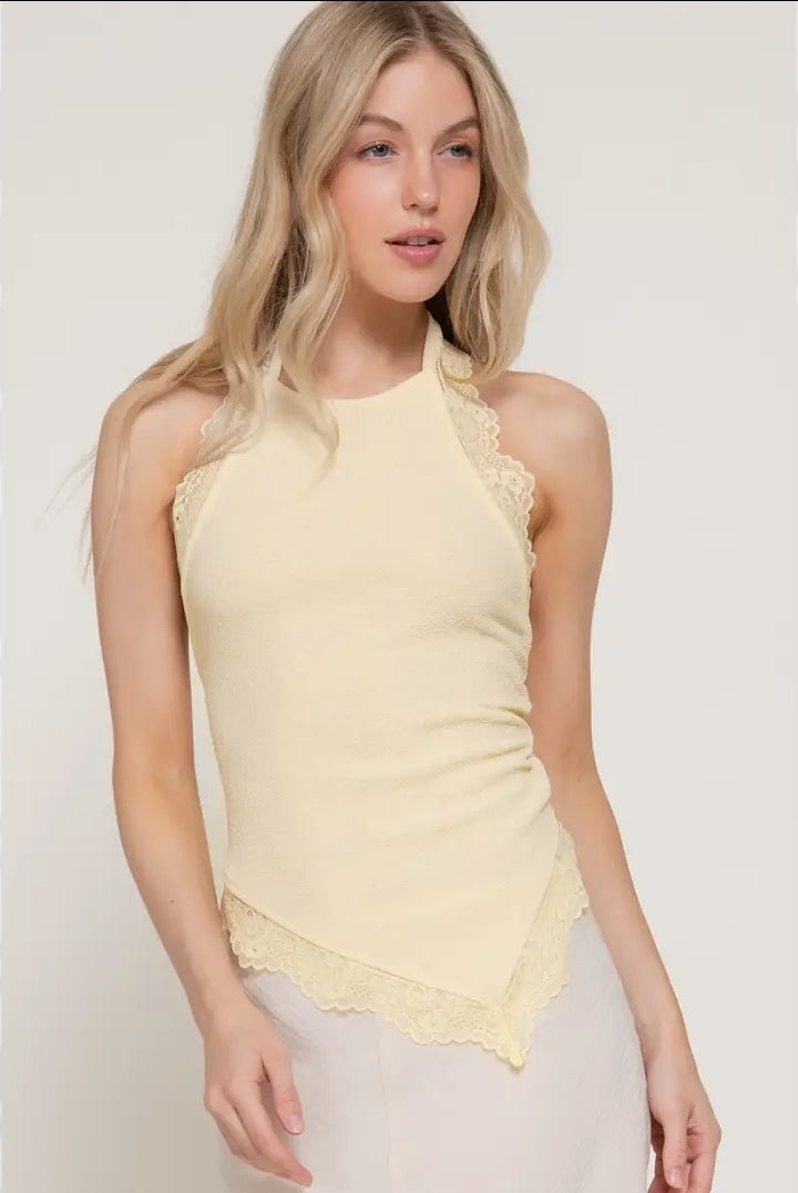 Lace Trim Texture Knit Halter Top